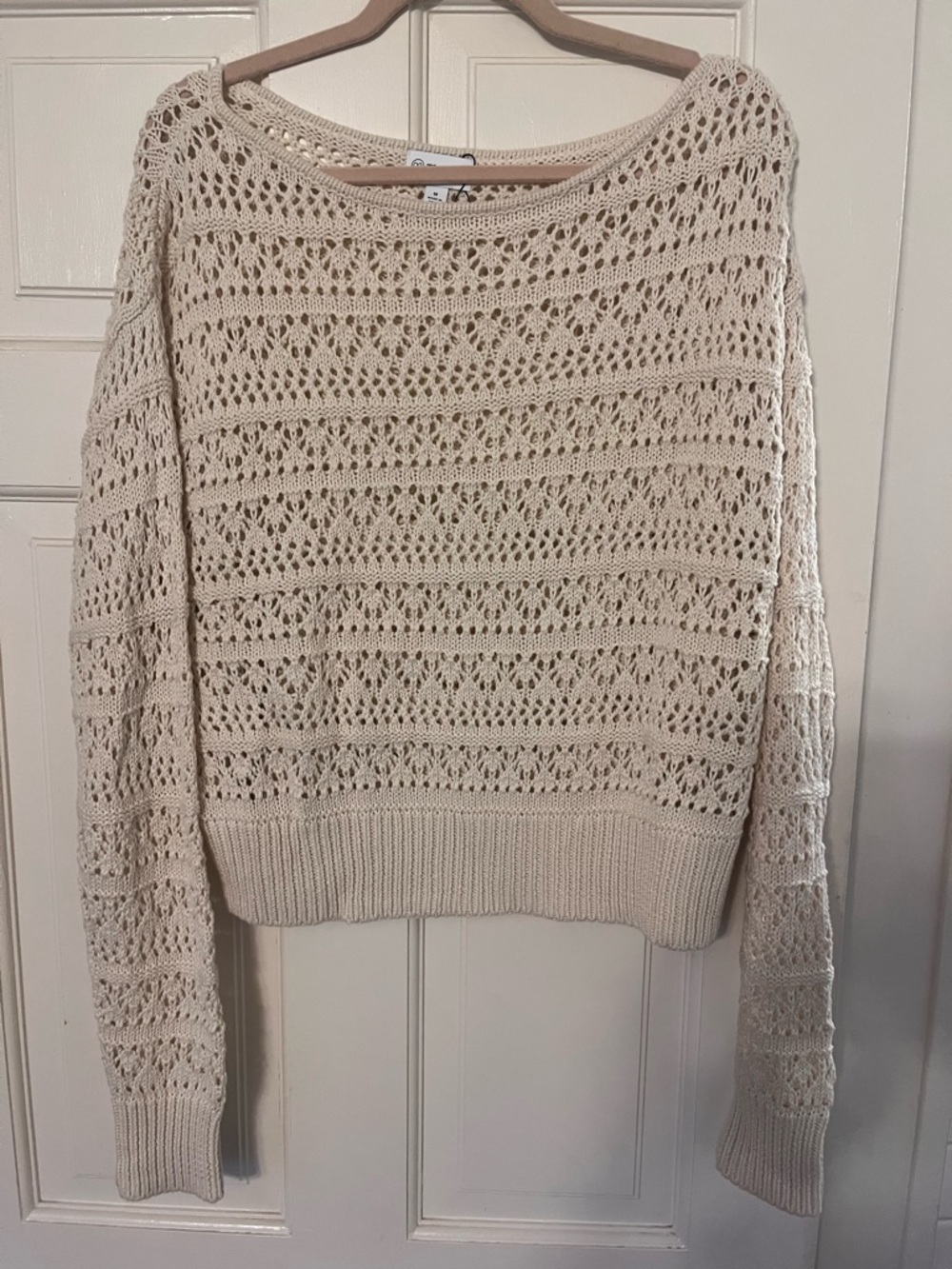 The Drop Open Knit Crochet Cream Women's Sweater